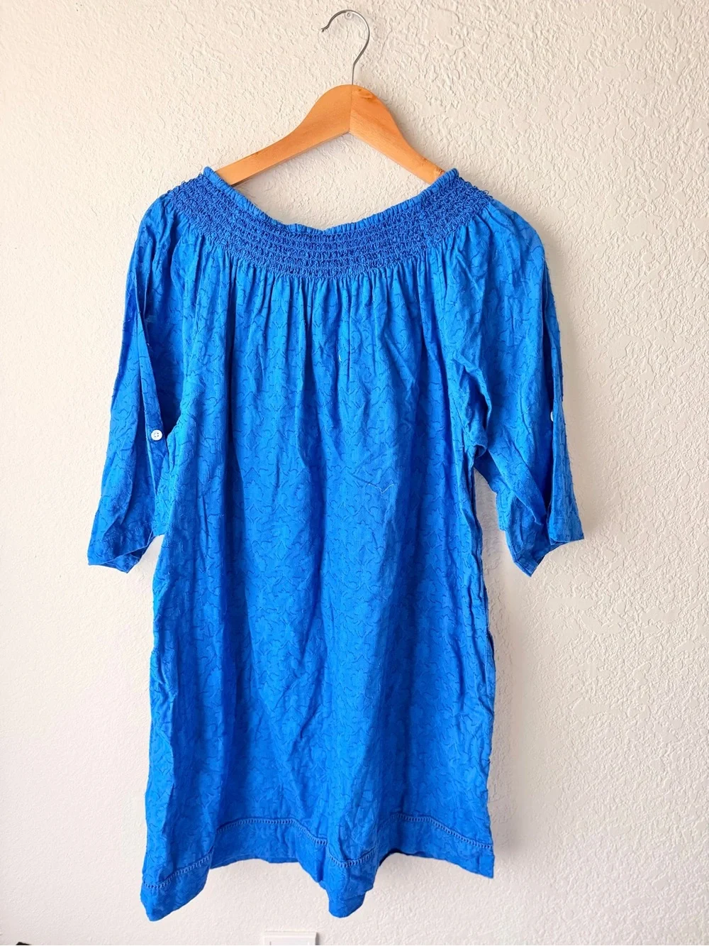 Anthropologie Jacquard Blue Smocked Dress Sz L